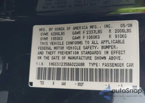 2008 Honda Accord Lx-S from USA, damaged, VIN 1HGCS12358A022488